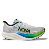 Hoka Rocket X 3 running shoes in frost and electric lime with a sleek design and breathable mesh upper.