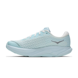 Kids Hoka Rincon 4 shoes in glimmering blue, showing the side view with breathable mesh upper and cushioned sole.
