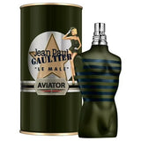 Le Male Aviator fragrance by Jean Paul Gaultier for men, featuring a sleek bottle with an aviator-themed design.