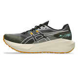 Men's ASICS Blazeblast trail running shoes in black and storm gray with breathable mesh and durable outsole for outdoor running.