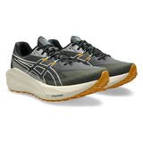 Men's ASICS Blazeblast trail running shoes in black and storm gray with breathable mesh and durable rubber outsole.