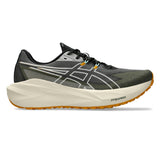 Men's ASICS Blazeblast trail running shoes in black and storm gray with supportive design and textured outsole.