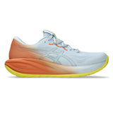 Men's ASICS GEL-Cumulus 28 neutral daily trainers in sky, sun, and peach colors, featuring breathable mesh and cushioned soles.