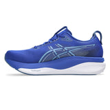 Men's ASICS GEL-Kayano 33 stability trainers in Prussian Blue and white, showing the running shoe's side view and design details.