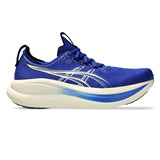 Men's ASICS GEL-Nimbus 28 neutral daily trainers in Prussian Blue and Cream, featuring cushioned running shoe design.