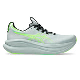 Men's ASICS GEL-Nimbus 28 Wide neutral daily trainers in Cold Moss and Illuminate Green with supportive cushioning.