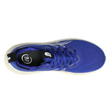 Men's ASICS GEL-Nimbus 28 wide neutral daily trainers in Prussian Blue and Cream, featuring cushioned running shoe design.