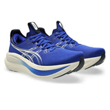 Men's ASICS GEL-Nimbus 28 wide neutral daily trainers in Prussian Blue and Cream, showing the side view with cushioned sole
