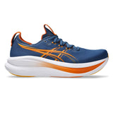 Men's ASICS GEL-Nimbus 28 wide neutral daily trainers in twilight blue and Anzu with cushioned support for comfortable running.