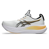 Men's ASICS GEL-Nimbus 28 neutral daily trainers in white with stadium orange accents, featuring cushioned running shoe design.