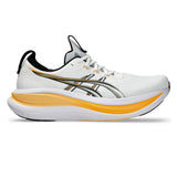 Men's ASICS GEL-Nimbus 28 neutral daily trainers in white with stadium orange accents, showcasing the lightweight running shoe design.