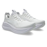 Men's ASICS GEL-Nimbus 28 neutral daily trainers in white with cushioned soles and supportive design for comfortable running.