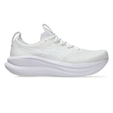 Men's ASICS GEL-Nimbus 28 white neutral daily trainers with breathable mesh upper and cushioned sole for comfort.