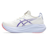 Men's ASICS Nimbus 27 Tokyo neutral daily trainers in cream and Edo purple with mesh upper and cushioned sole.