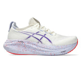 Men's ASICS Nimbus 27 Tokyo neutral daily trainers in cream and Edo purple with breathable mesh and cushioned sole.