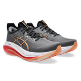 Men's ASICS Nimbus 27 neutral daily trainers in extra wide fit, featuring carbon and Mojave colorway.