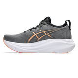Men's ASICS Nimbus 27 neutral daily trainers in extra wide fit with carbon and Mojave color, shown from the side.