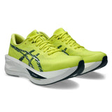 Men's ASICS Sonicblast tempo trainers in citron and tranquil teal with breathable mesh uppers and cushioned soles.