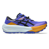 Men's ASICS Trabuco Max 5 trail running shoes in cobalt burst and black, featuring rugged outsole and breathable upper design.