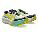 Men's ASICS Trabuco Max 5 trail running shoes in light dust and cacti colors, featuring breathable mesh and durable outsole.