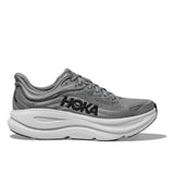 Men's Hoka Bondi 9 Wide running shoes in galactic grey with 2E width, featuring a supportive design and cushioned sole.