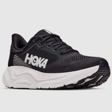 Black and white Hoka Arahi 9 women's running shoes with B-width, shown from the right side.
