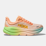 Women's Hoka Bondi 9 running shoes in frost pale tangerine with a B-width, featuring breathable mesh and cushioned sole for comfort.