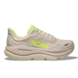 Men's Hoka Bondi 9 Wide running shoes in gray, grout, neon yuzu color with wide 2E width, featuring breathable mesh and cushioned sole.