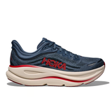 Men's Hoka Bondi 9 Wide running shoes in Thunder Vermillion color, featuring a supportive design and breathable mesh upper.