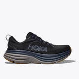 Men's Hoka Bondi 8 running shoes in black and iron ore, showcasing the comfortable design and supportive sole.