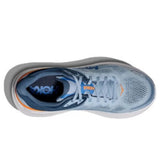 Men's Hoka Bondi 9 Wide running shoes in drizzle and downpour colors, showcasing breathable mesh upper and supportive sole.
