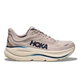 Men's Hoka Bondi 9 Wide running shoes in stucco and grout colors, featuring a comfortable wide 2E fit and supportive design.