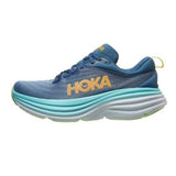 Men's Hoka Bondi 8 running shoes in teal and shadow gray, featuring a supportive D-width design and cushioned sole.