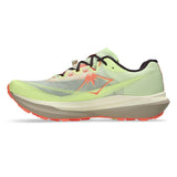 Unisex ASICS Fujispeed 4 trail running shoes in illuminate yellow and dark aubergine with breathable mesh uppers.