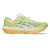 Unisex ASICS Fujispeed 4 trail running shoes in lime green and cream with breathable mesh and supportive sole design.