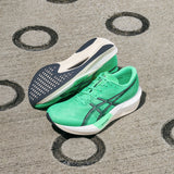 Unisex ASICS Magic Speed 5 tempo trainers in vibrant green and grey with breathable mesh uppers and lightweight design.