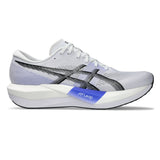 Unisex ASICS Magic Speed 5 tempo trainers in white and black, featuring lightweight design and breathable mesh for running.