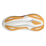 Unisex ASICS Megablast tempo trainers in white and orange glow with breathable mesh and cushioned soles for running.