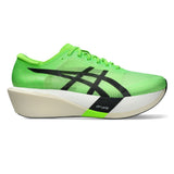 Unisex ASICS Metaspeed Edge Tokyo road racing shoes in green and black with sleek design and lightweight construction.