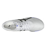 Unisex ASICS Metaspeed LD 2 track and field running shoes in white with cobalt burst accents, designed for speed and performance.
