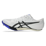 Unisex ASICS Metaspeed SP 2 track and field running shoes in white with cobalt burst accents, designed for performance.