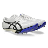 Unisex ASICS Metaspeed SP 2 track and field running shoes in white with cobalt burst accents, designed for speed and performance.