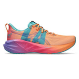 Unisex ASICS Novablast 5 LA neutral daily trainers in Mojave and Amethyst, with breathable mesh upper and cushioned sole.