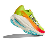 Unisex Hoka Rocket X 2 running shoes in lettuce and solar flare colors, featuring lightweight design and supportive cushioning.