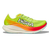 Unisex Hoka Rocket X 2 running shoes in lettuce and solar flare colors, featuring lightweight design and breathable mesh upper.