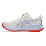 Women's ASICS GEL-Cumulus 27 Tokyo neutral daily trainers in cream and Edo purple with supportive cushioning and breathable mesh.