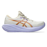 Womens ASICS GEL-Cumulus 28 neutral daily trainers in oatmeal color with Fresh Air accents, featuring cushioned running shoes design.