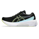 Womens ASICS GEL-Kayano 30 stability trainers in black with yellow accents, showcasing the sporty running shoe design.
