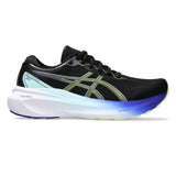 Women's ASICS GEL-Kayano 30 stability trainers in black with glow yellow accents, featuring breathable mesh and supportive cushioning.