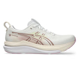 Women's ASICS GEL-Kayano 33 Wide stability trainers in white and hazy lilac, featuring supportive design and cushioned sole.
